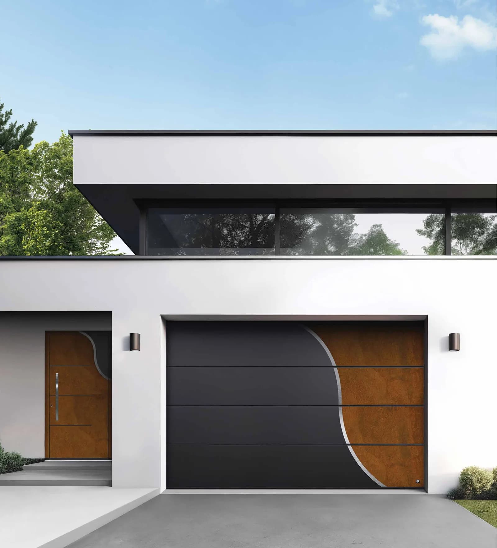 Beispielhafte Ryterna-Garagentor-Gestaltung an einem modernen Einfamilienhaus (Design-/Farbbeispiel, nicht produktspezifisch)