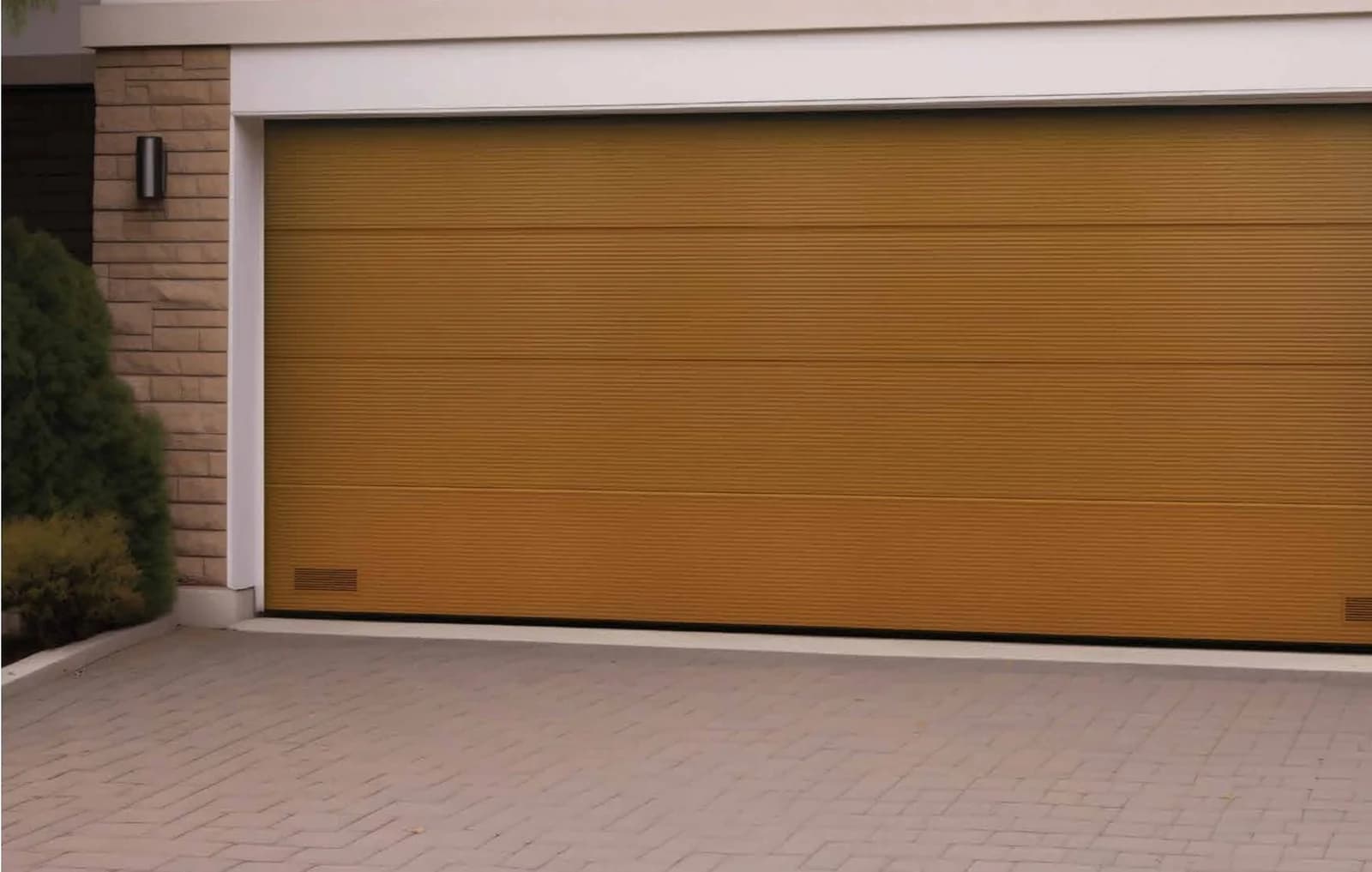 Ryterna Sektionaltor mit MacroRib-Paneelen in RAL 8001 mit Stucco-Prägung und Lüftungsgitter